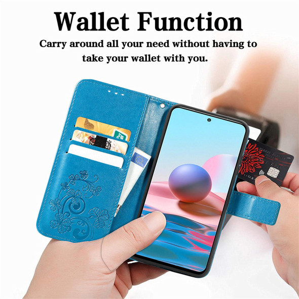 Xiaomi Redmi Note 10 5G Four-leaf Clasp Embossed Buckle Mobile Phone Protection Leather Case with Lanyard & Card Slot & Wallet & Bracket Function(Blue)