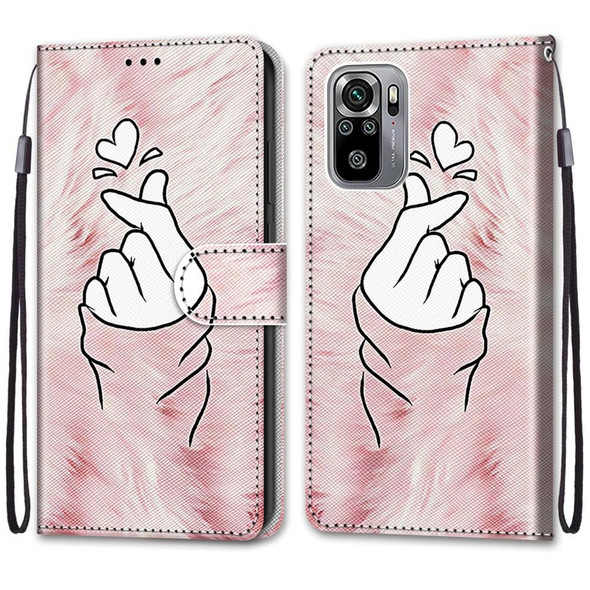 Xiaomi Redmi Note 10 4G / Note 10S Coloured Drawing Cross Texture Horizontal Flip PU Leather Case with Holder & Card Slots & Wallet & Lanyard(Pink Hands Heart)