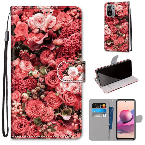 Xiaomi Redmi Note 10 4G / Note 10s Coloured Drawing Cross Texture Horizontal Flip PU Leather Case with Holder & Card Slots & Wallet & Lanyard(Pink Rose Garden)