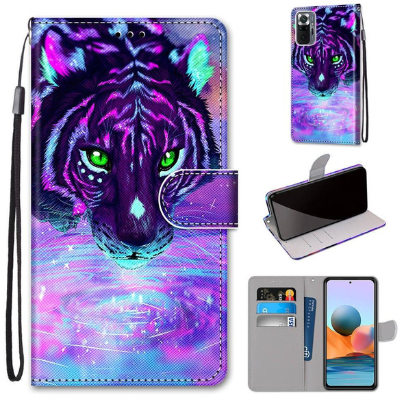 Xiaomi Redmi Note 10 Pro Max / Note 10 Pro Coloured Drawing Cross Texture Horizontal Flip PU Leather Case with Holder & Card Slots & Wallet & Lanyard(Tiger Drinking Water)