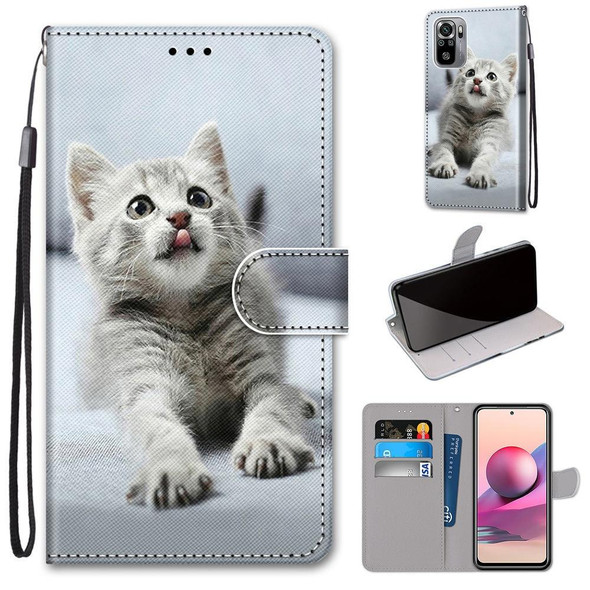 Xiaomi Redmi Note 10 4G / Note 10s Coloured Drawing Cross Texture Horizontal Flip PU Leather Case with Holder & Card Slots & Wallet & Lanyard(Small Gray Cat)