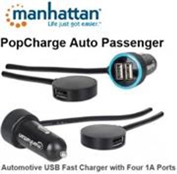 Manhattan PopCharge Auto Passenger Automotive USB Fast Charger with Four 1A Ports -Converts a cigarette lighter socket into a four-port USB power source , Convenient 1m (3-ft.) cord allows passengers in the rear of the vehicle to charge , Retail Box,