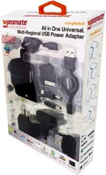 Promate Chargmate.8 All in One Multi-regional USB power adapter with dual usb charging port for Mobile phones,Blackberry,iPad,iPhone,PDA's,MP3/MP4 and a car power chargering socket adapter,LED Indicator,, Retail Box, 1 Year Warranty