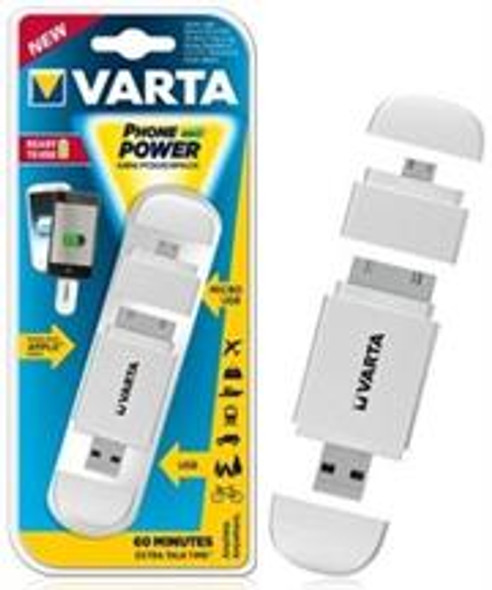 Varta Mini Powerpack Charger-Smart 2-In-1 Solution-Compatible with all Micro USB and Apple® 30-pin devices-400mAh Lithium-ion rechargeable battery-White, Retail Box , No Warranty