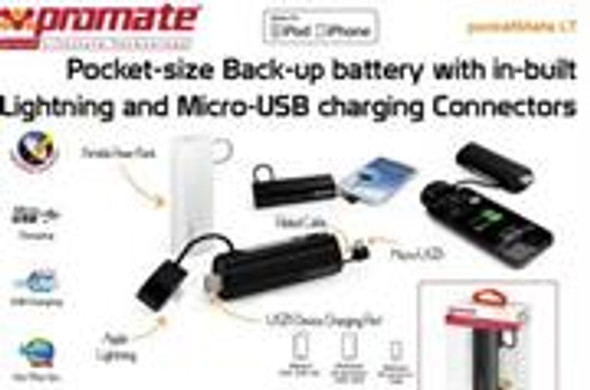 Promate Pocketmate LT Pocket-size Back-up battery with in-built Lightning and Micro-USB charging ( Portable power bank with three concealed interfaces:Apple charger, a micro-USB charger and a USB dock to power the device ) Connector for Ipod and Ipho
