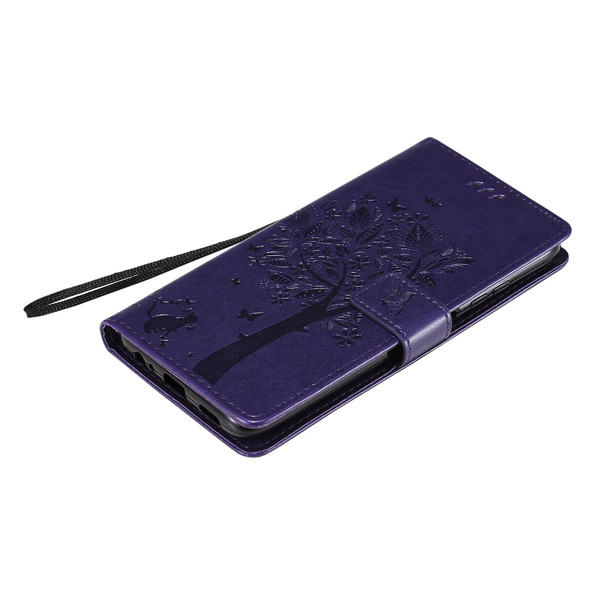 Xiaomi Redmi Note 9 5G Tree & Cat Pattern Pressed Printing Horizontal Flip PU Leather Case with Holder & Card Slots & Wallet & Lanyard(Purple)