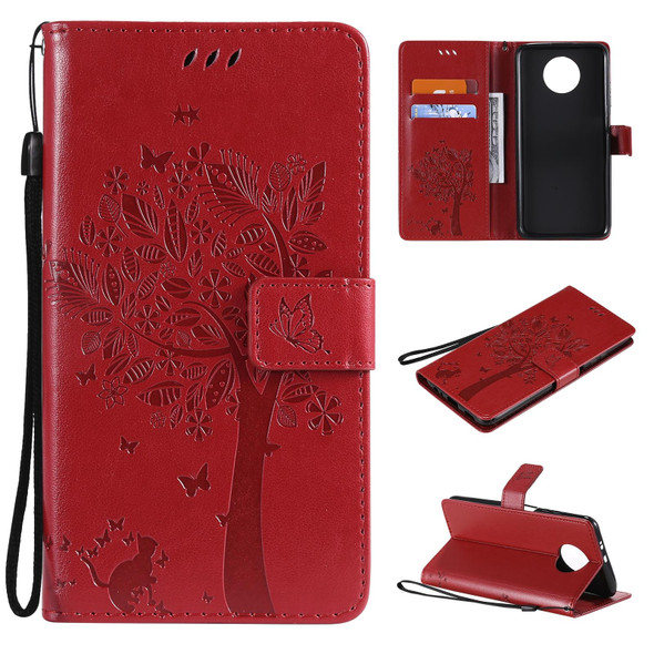 Xiaomi Redmi Note 9 5G Tree & Cat Pattern Pressed Printing Horizontal Flip PU Leather Case with Holder & Card Slots & Wallet & Lanyard(Red)