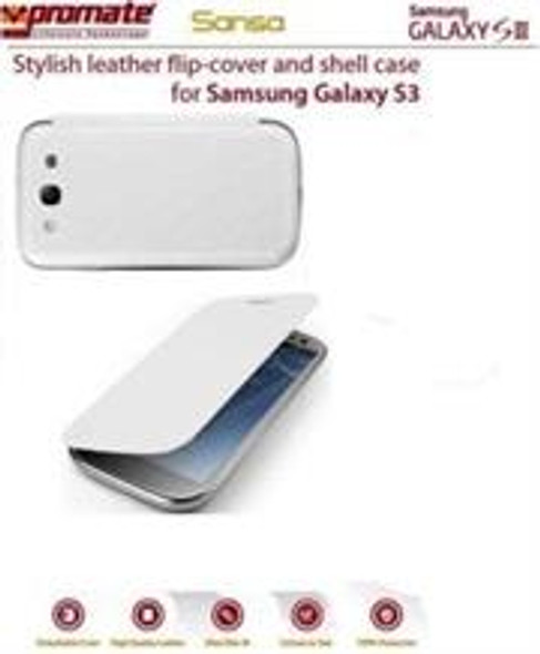 Promate Sansa Samsung Galaxy S3 Stylish leather flip-cover and shell case Detachable cover to replace original Samsung S3 cover Colour:White and White The Sansa is an attractive leather flip cover with a hard shell rear casing for the Samsung Galaxy 