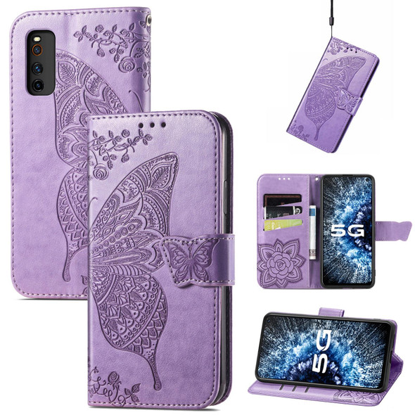 Butterfly Love Flowers Embossed Horizontal Flip Leatherette Case with Holder & Card Slots & Wallet & Lanyard - vivo IQOO Neo 3(Light Purple)