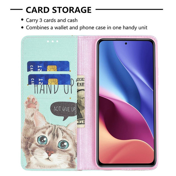 Xiaomi Mi 11i / Poco F3 / Redmi K40 Colored Drawing Pattern Invisible Magnetic Horizontal Flip PU Leather Case with Holder & Card Slots & Wallet(Cat)