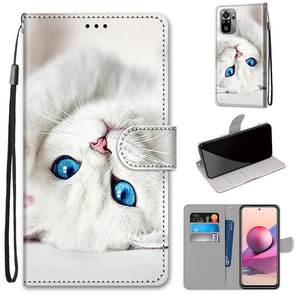 Xiaomi Redmi Note 10 4G / Note 10s Coloured Drawing Cross Texture Horizontal Flip PU Leather Case with Holder & Card Slots & Wallet & Lanyard(White Kitten)