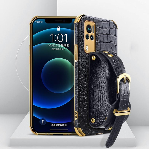 Electroplated TPU Crocodile Pattern Leatherette Case with Wrist Strap - vivo X60(Black)