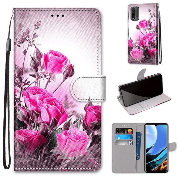 Xiaomi Redmi Note 9 4G / 9 Power Coloured Drawing Cross Texture Horizontal Flip PU Leather Case with Holder & Card Slots & Wallet & Lanyard(Wild Rose)