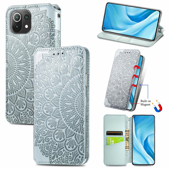 Xiaomi Mi 11 Lite Blooming Mandala Embossed Pattern Magnetic Horizontal Flip Leather Case with Holder & Card Slots & Wallet(Grey)