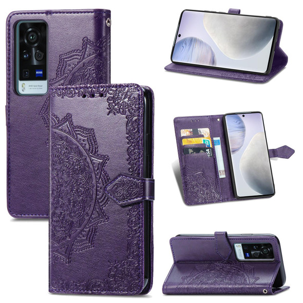 Halfway Mandala Embossing Pattern Horizontal Flip Leather Case with Holder & Card Slots & Wallet & Lanyard - vivo X60 Pro(Purple)