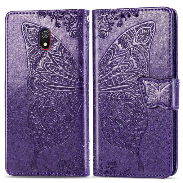 Xiaomi Redmi 8A Butterfly Love Flower Embossed Horizontal Flip Leather Case with Bracket Lanyard Card Slot Wallet(Dark Purple)