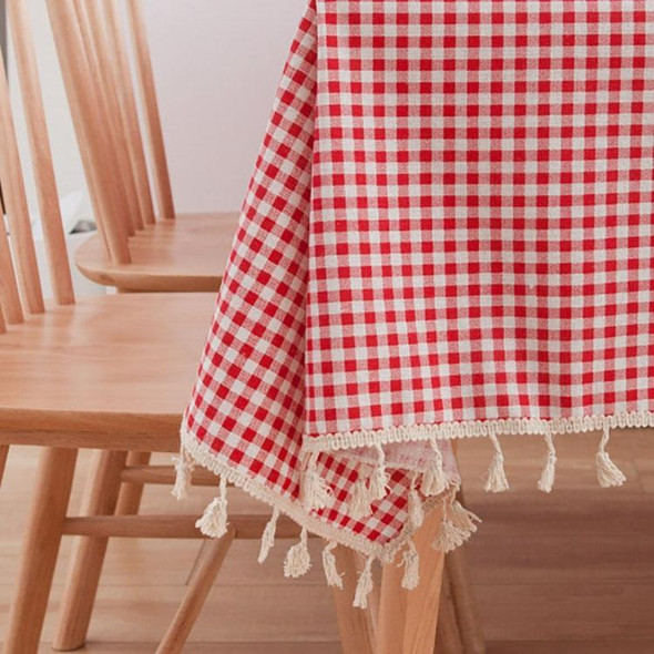 Tassel Lace Daisy Print Cotton Linen Tablecloth, Size:140x220cm(Red Plaid)