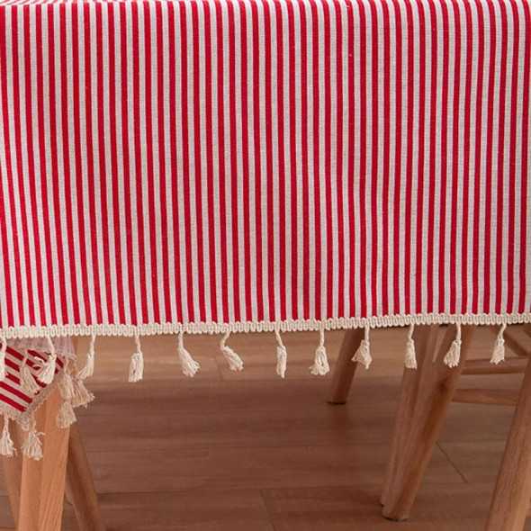 Tassel Lace Daisy Print Cotton Linen Tablecloth, Size:140x160cm(Red Stripes)