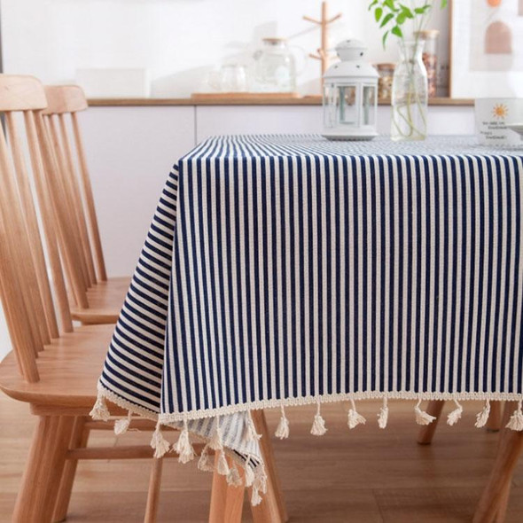 Tassel Lace Daisy Print Cotton Linen Tablecloth, Size:140x180cm(Navy Blue Stripes)
