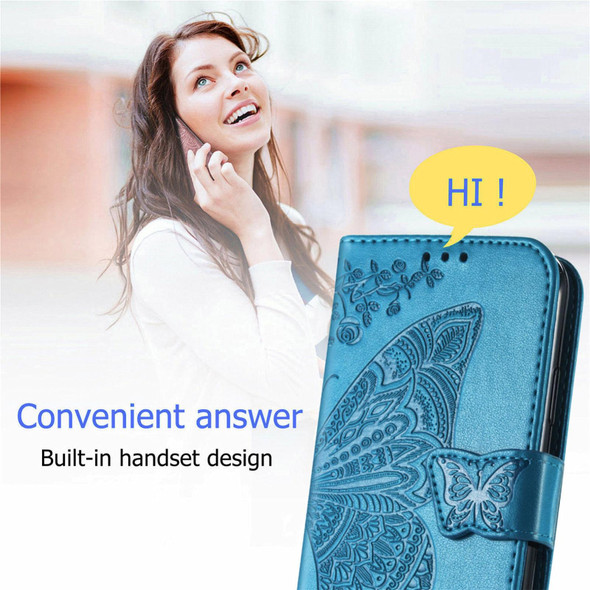 Butterfly Love Flowers Embossed Horizontal Flip Leatherette Case with Holder & Card Slots & Wallet & Lanyard - ZTE Blade A71(Blue)