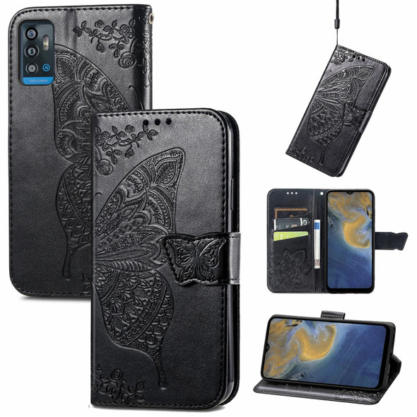 Butterfly Love Flowers Embossed Horizontal Flip Leatherette Case with Holder & Card Slots & Wallet & Lanyard - ZTE Blade A71(Black)