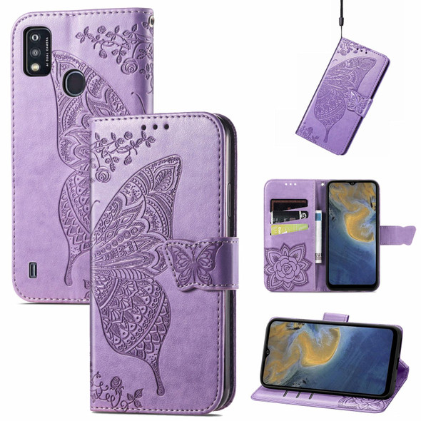 Butterfly Love Flowers Embossed Horizontal Flip Leatherette Case with Holder & Card Slots & Wallet & Lanyard - ZTE Blade A51(Light Purple)