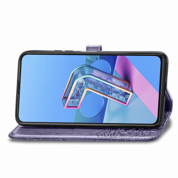 Asus Zenfone 7 ZS670KS Mandala Flower Embossed Horizontal Flip Leatherette Case with Bracket / Card Slot / Wallet / Lanyard(Purple)