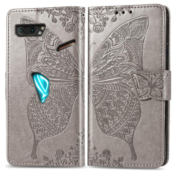 Asus ROG Phone II 2 ZS660K Butterfly Love Flowers Embossing Horizontal Flip Leatherette Case with Holder & Card Slots & Wallet & Lanyard(Gray)