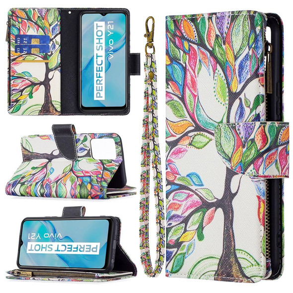 vivo Y21 Colored Drawing Pattern Zipper Horizontal Flip Phone Leather Case with Holder & Card Slots & Wallet(Tree)