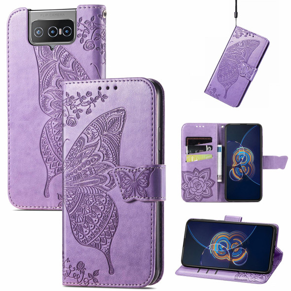 Asus Zenfone 8 Flip Butterfly Love Flower Embossed Horizontal Flip Leatherette Case with Holder & Card Slots & Wallet & Lanyard(Light Purple)