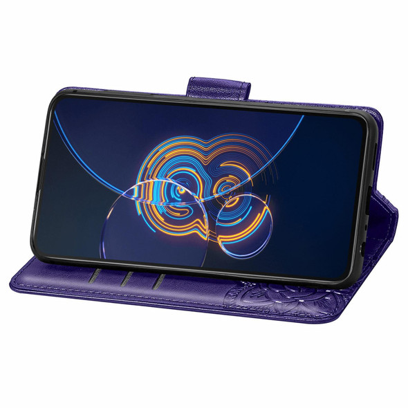 Asus Zenfone 8 Flip Butterfly Love Flower Embossed Horizontal Flip Leatherette Case with Holder & Card Slots & Wallet & Lanyard(Dark Purple)