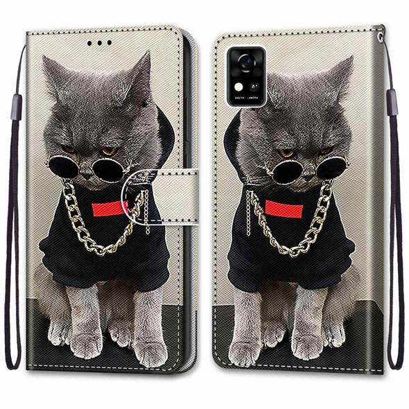 ZTE Blade A31 Coloured Drawing Cross Texture Horizontal Flip PU Leather Case with Holder & Card Slots & Wallet & Lanyard(Golden Chain Grey Cat)