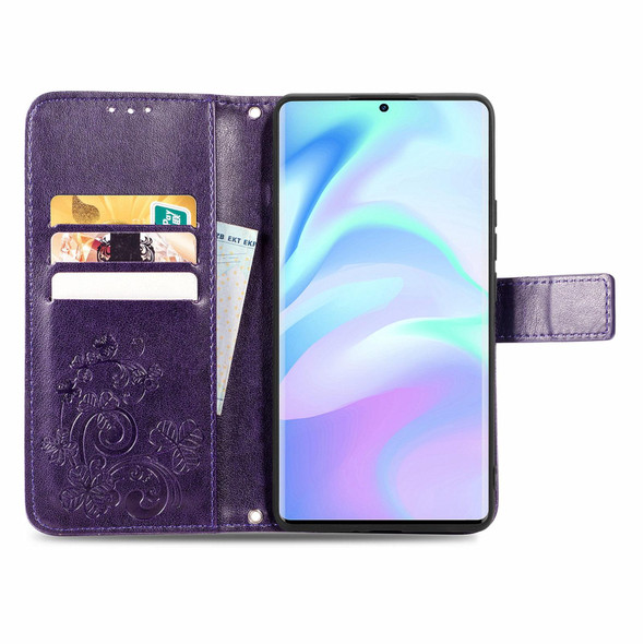 ZTE Axon 30 Ultra 5G Four-leaf Clasp Embossed Buckle Mobile Phone Protection Leather Case with Lanyard & Card Slot & Wallet & Bracket Function(Purple)