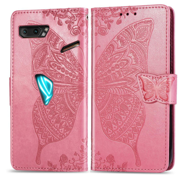Asus ROG Phone II 2 ZS660K Butterfly Love Flowers Embossing Horizontal Flip Leatherette Case with Holder & Card Slots & Wallet & Lanyard(Pink)