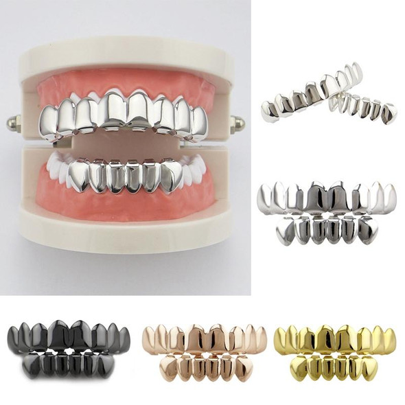 Hip Hop Accessories Gold Tooth Set Real Gold Plating Smooth Upper Eight Lower Six Denture Set(Gold)