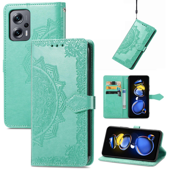 Xiaomi Redmi Note 11T 5G Mandala Flower Embossed Horizontal Flip Leather Phone Case(Green)