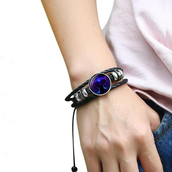 12 Constellation Black Braided Leatherette Glass Dome Punk Men Bracelet(Libra)