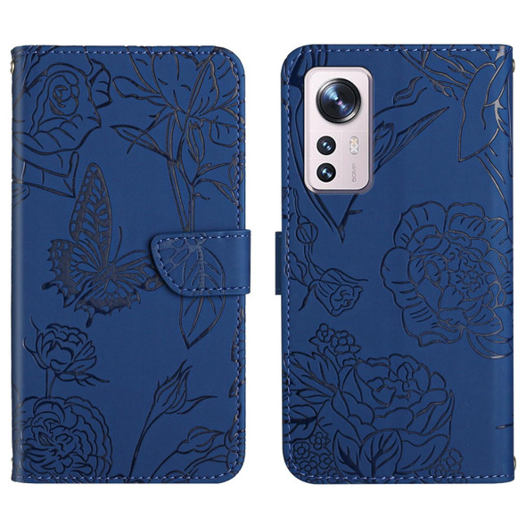 Xiaomi 12 / 12 Pro Skin Feel Butterfly Peony Embossed Leather Phone Case(Blue)