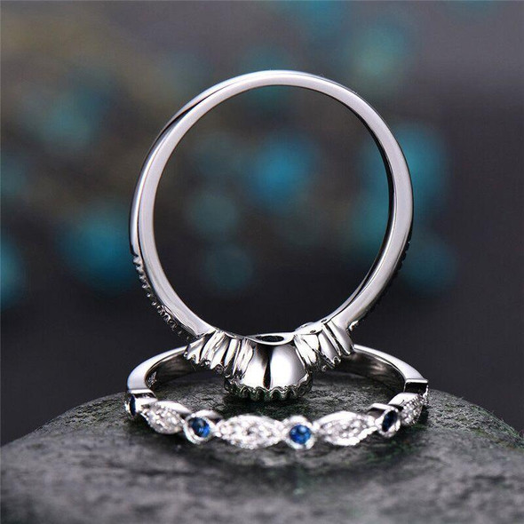 2 PCS/Set Women Fashion Zircon Gemstone Ring 10(Blue)