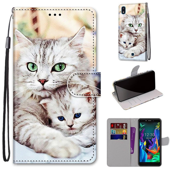 LG K20 (2019) Coloured Drawing Cross Texture Horizontal Flip PU Leather Case with Holder & Card Slots & Wallet & Lanyard(Big Cat Holding Kitten)