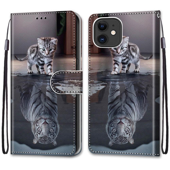 Coloured Drawing Cross Texture Horizontal Flip PU Leatherette Case with Holder & Card Slots & Wallet & Lanyard - iPhone 12 mini(Cat Becomes Tiger)