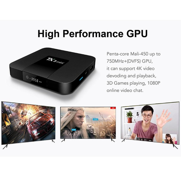 TX3 Mini 4K*2K Display HD Smart TV BOX Player with Remote Controller, Android 7.1 OS Amlogic S905W up to 2.0 GHz, Quad core ARM Cortex-A53, RAM: 2GB DDR3, ROM: 16GB, Supports WiFi & TF & AV In & DC In, US Plug(Black)