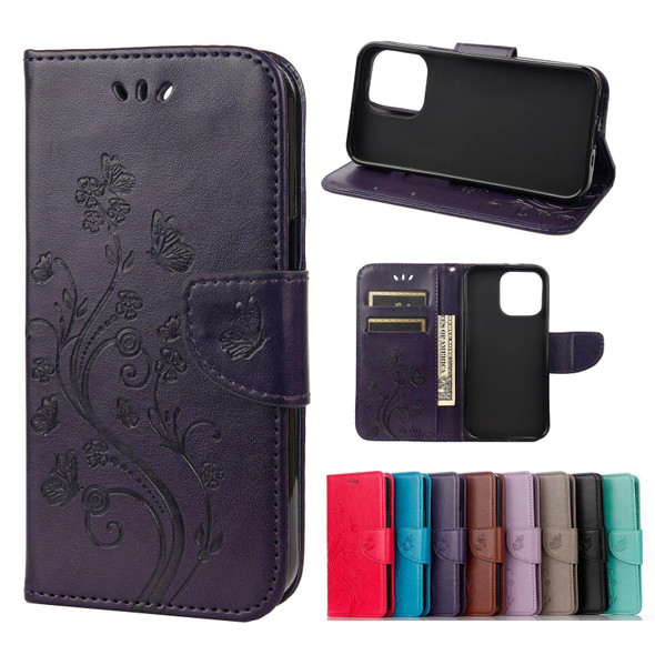 Butterfly Flower Pattern Horizontal Flip Leatherette Case with Holder & Card Slots & Wallet - iPhone 13 Pro Max(Deep Purple)