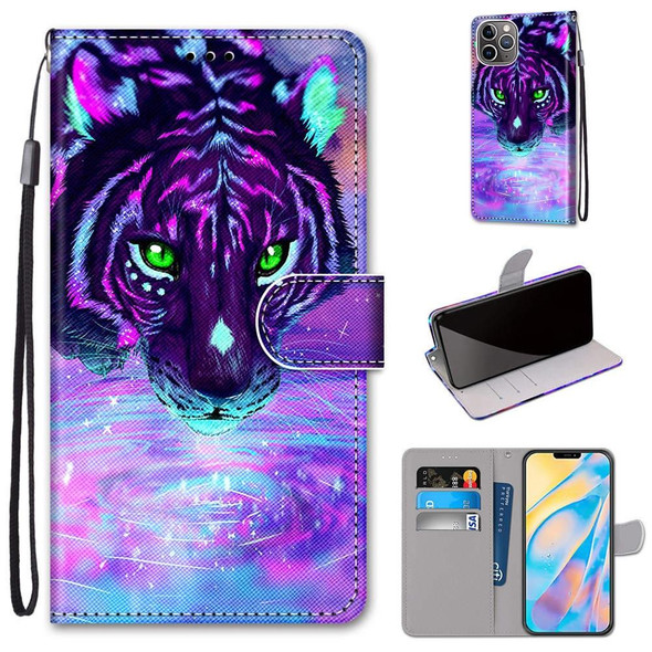 Coloured Drawing Cross Texture Horizontal Flip PU Leatherette Case with Holder & Card Slots & Wallet & Lanyard - iPhone 13 Pro(Tiger Drinking Water)