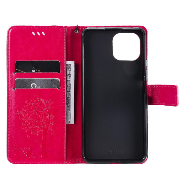 Xiaomi Mi 11 Lite 5G Tree & Cat Pattern Pressed Printing Horizontal Flip PU Leather Case with Holder & Card Slots & Wallet & Lanyard(Rose Red)