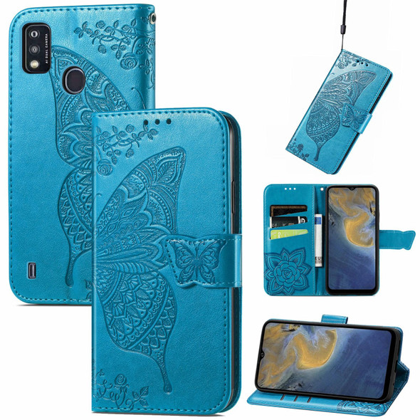 Butterfly Love Flowers Embossed Horizontal Flip Leatherette Case with Holder & Card Slots & Wallet & Lanyard - ZTE Blade A51(Blue)