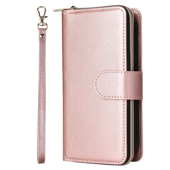 9 Card Slots Zipper Wallet Bag Leatherette Phone Case - iPhone 13(Rose Gold)