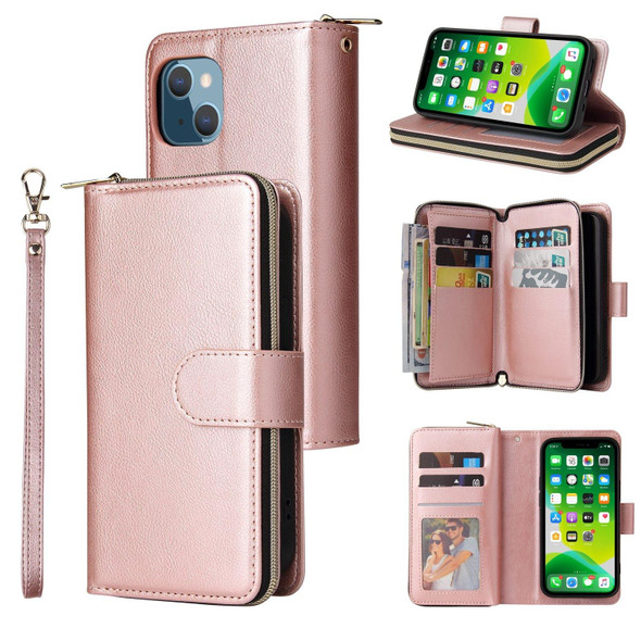 9 Card Slots Zipper Wallet Bag Leatherette Phone Case - iPhone 13(Rose Gold)