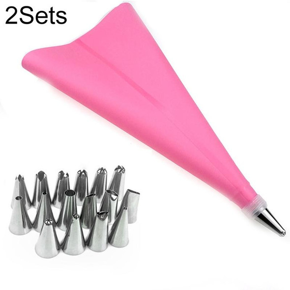 2 Sets Reusable Silicone Pastry Bag Cake Decorating Tools with 16 Nozzles Tips(Pink)