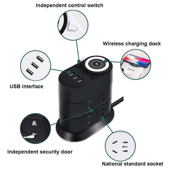 Mobile Phone Wireless Charging Socket Creative Smart USB Power Strip Multi-Function Desktop Vertical Power Strip, CN Plug, Specification: 1.8 Meters, Style:3 Layer(Black)